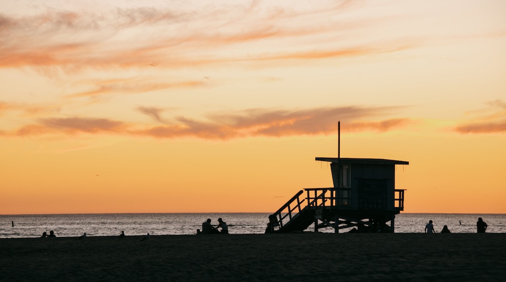 Downtown Santa Monica which includes general coastal views and a sunset