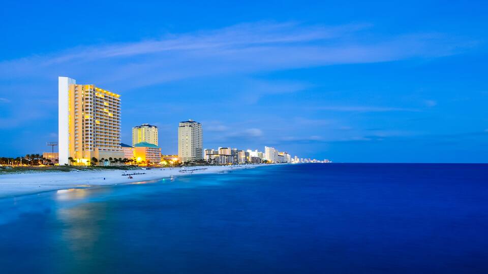 coastal skyline of panama city, florida at dusk