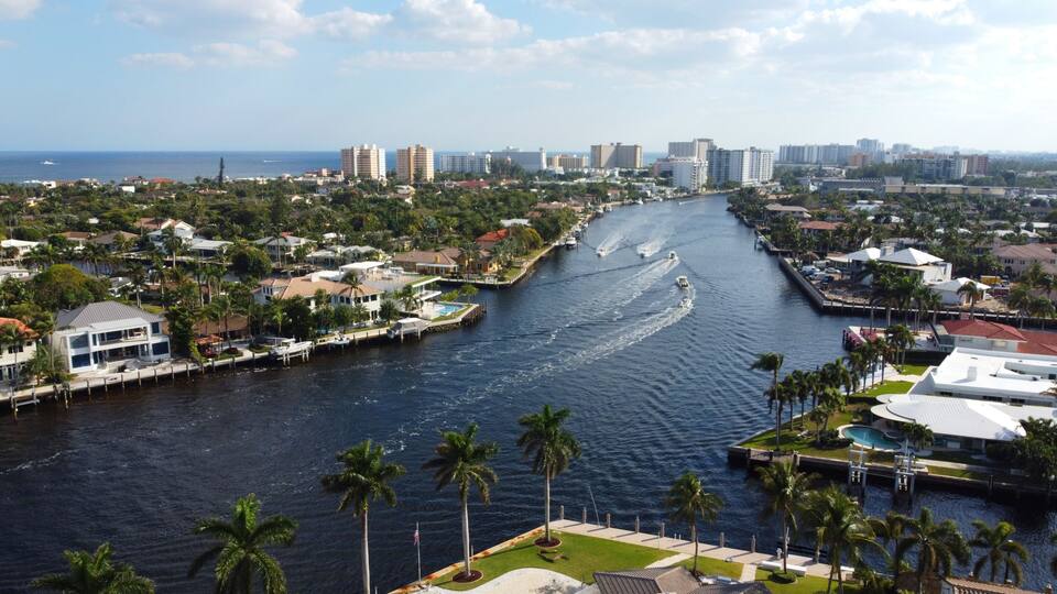 A coastal cityscape with a marina, palm trees, and high-rise buildings.