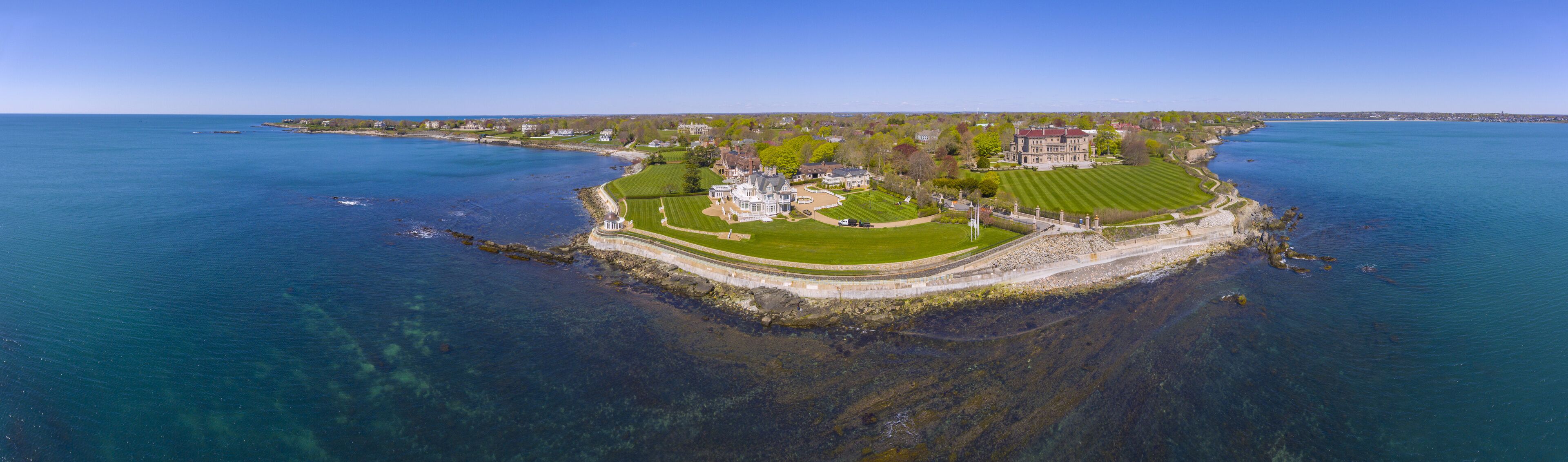 The Breakers and Cliff Walk aerial view at Newport, Rhode Island RI, USA. The Breakers is a Vanderbilt mansion with Italian Renaissance built in 1895 in Bellevue Avenue Historic District in Newport.