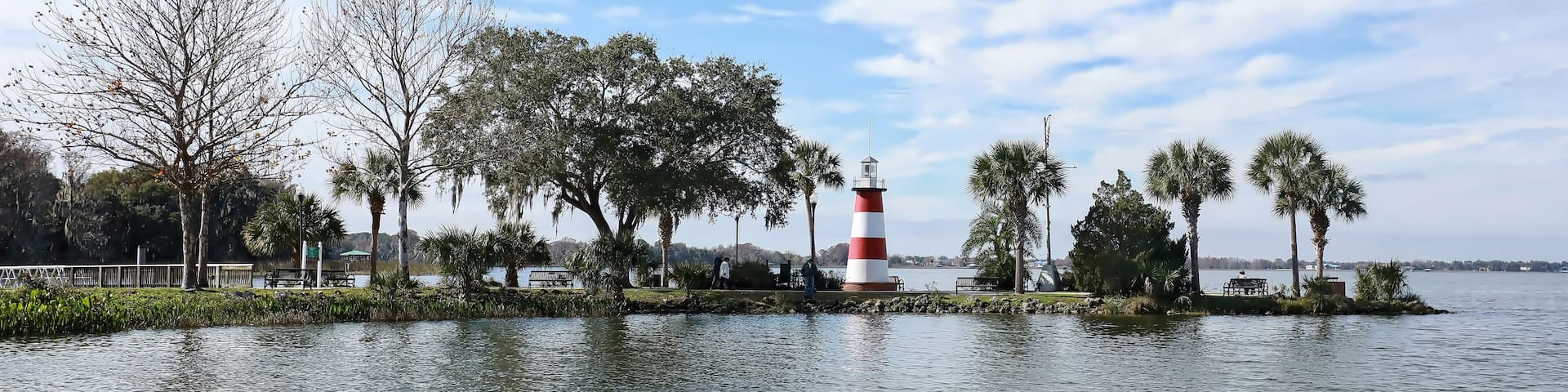 Dramatic skies over Mount Dora's Lighthouse, located at the Port of Mount Dora in Grantham Point Park, Florida, USA.