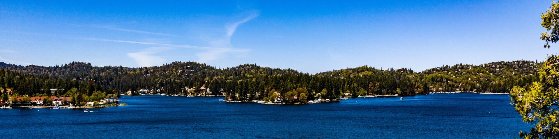 Beautiful, panoramic, drone view of historical Lake Arrowhead, California