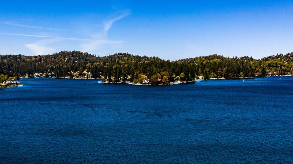 Beautiful, panoramic, drone view of historical Lake Arrowhead, California