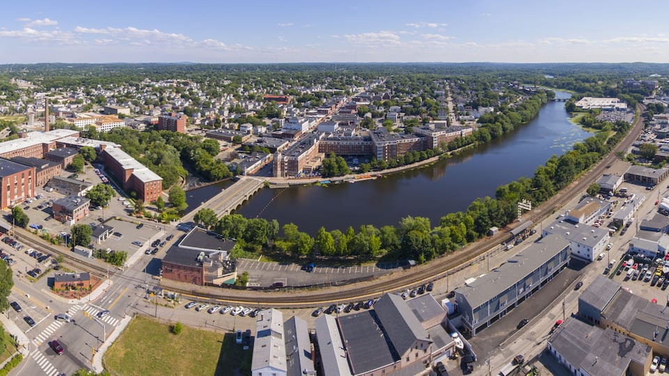 Charles River panorama aerial view in downtown Waltham, Massachusetts, MA, USA.