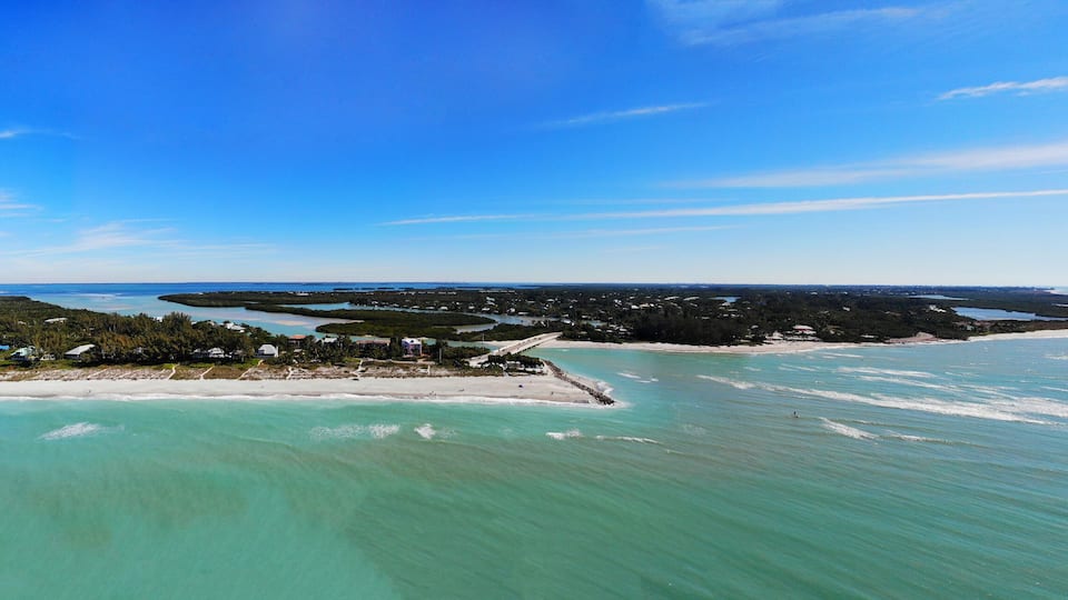 Aerial view of the road bridge between Captiva Island and Sanibel Island in Lee County, Florida, United States