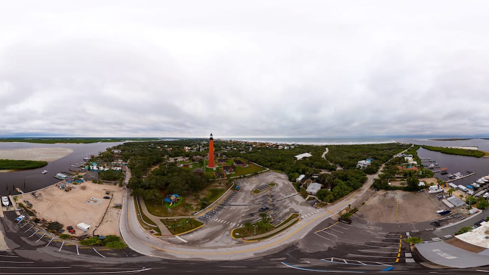 Aerial 360 equirectangular panorama Ponce De Leon Inlet Lighthouse Florida