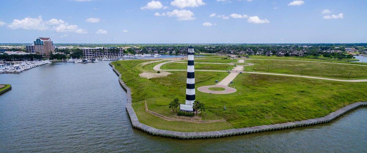 Lighthouse on a Texas lake near a large boat marina