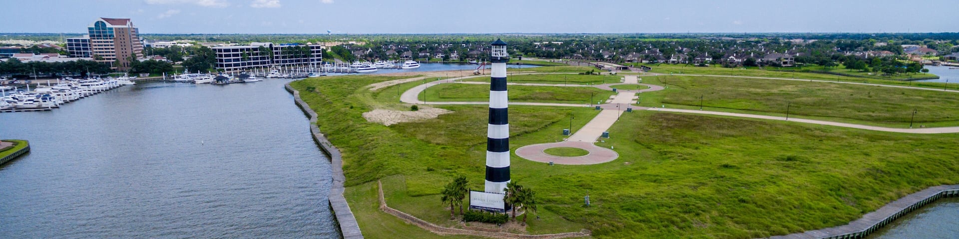 Lighthouse on a Texas lake near a large boat marina