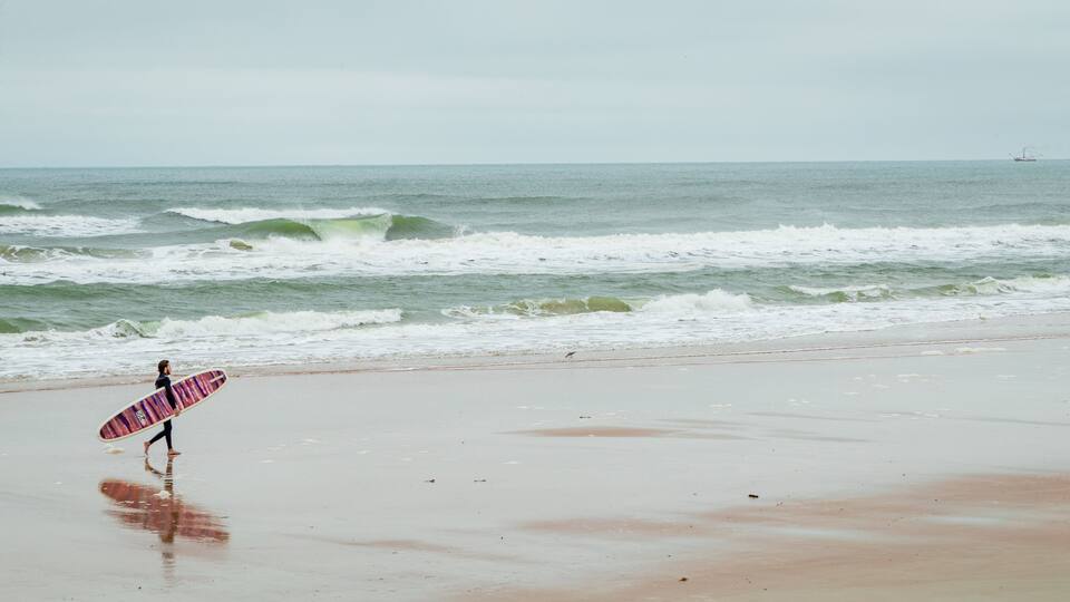 Andy Romano Beachfront Park featuring a sandy beach and general coastal views as well as an individual male