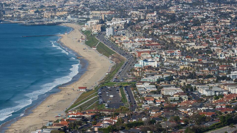 Redondo Beach and Torrance Beach in Los Angeles County, Southern California, aerial view looking north.
