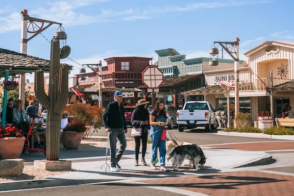 Downtown Scottsdale featuring street scenes, a small town or village and cuddly or friendly animals