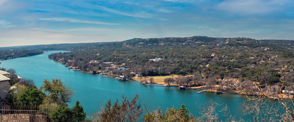 Scenic view of the Colorado river from the top of Mount Bonnel (Cover Park), the highest point in Austin, Texas, USA