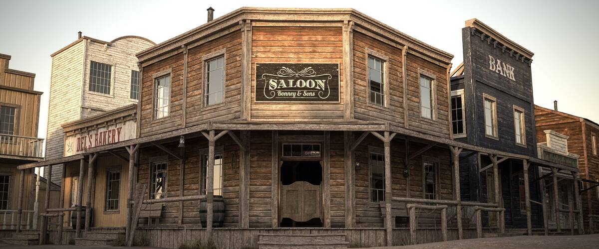 3D illustration rendering of an empty street in an old wild west town with wooden buildings.