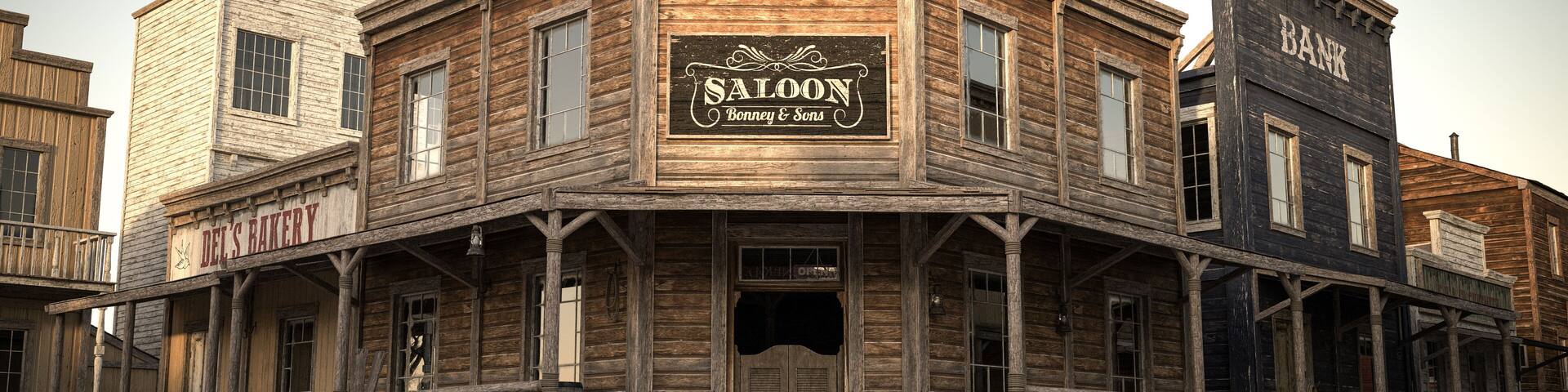 3D illustration rendering of an empty street in an old wild west town with wooden buildings.