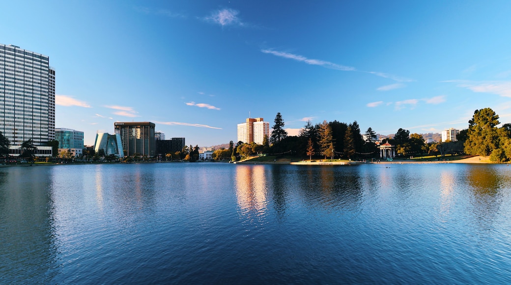 Un lago tranquilo con reflejos de edificios y árboles.