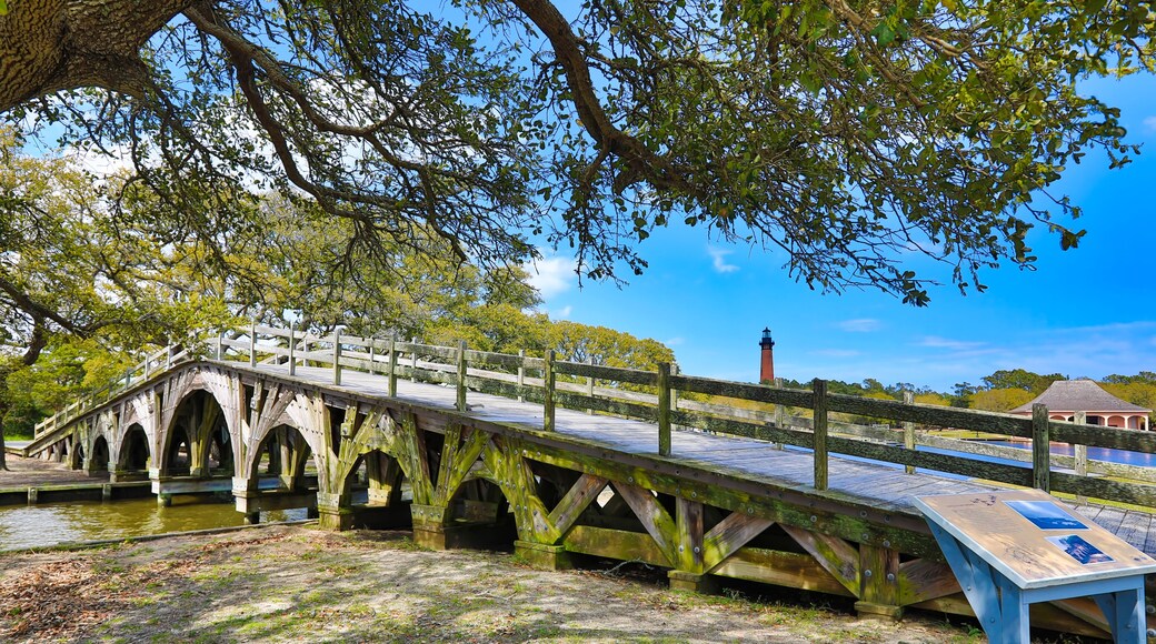 The historic landmark footbridge in Currituck Heritage Park leads to the Whalehead Club. This is located in the Outer Banks of North Carolina.