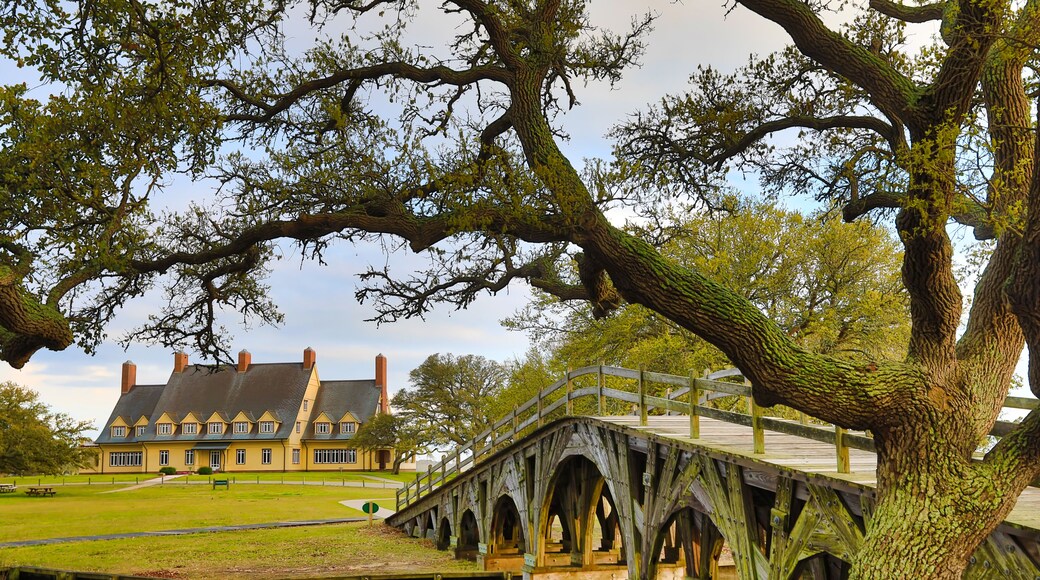 The historic landmark footbridge in Currituck Heritage Park leads to the Whalehead Club. This is located in the Outer Banks of North Carolina.