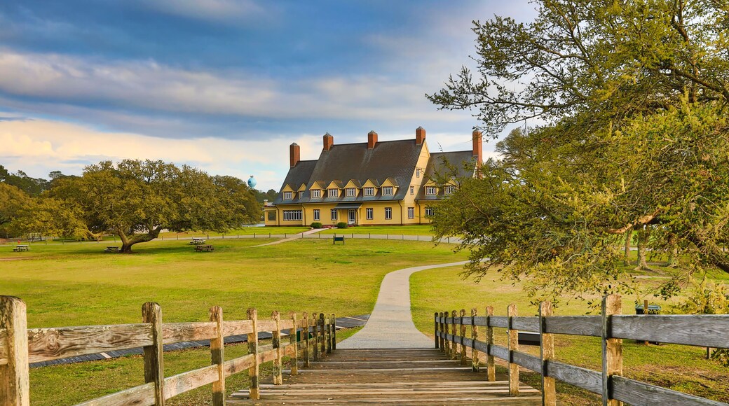 The historic landmark footbridge in Currituck Heritage Park leads to the Whalehead Club. This is located in the Outer Banks of North Carolina.