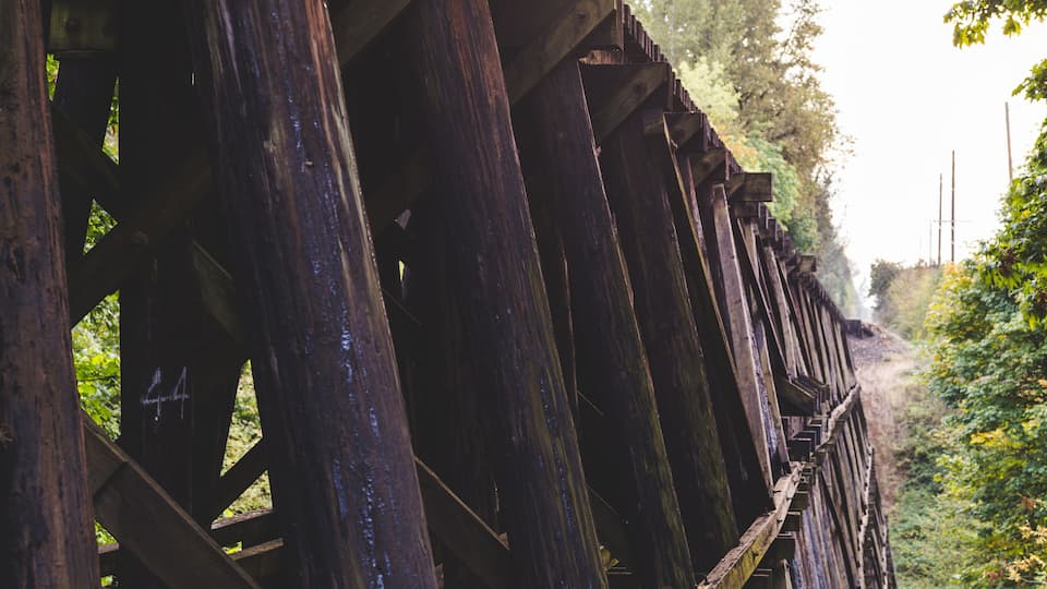 Wooden train bridge or trestle in lush forest area