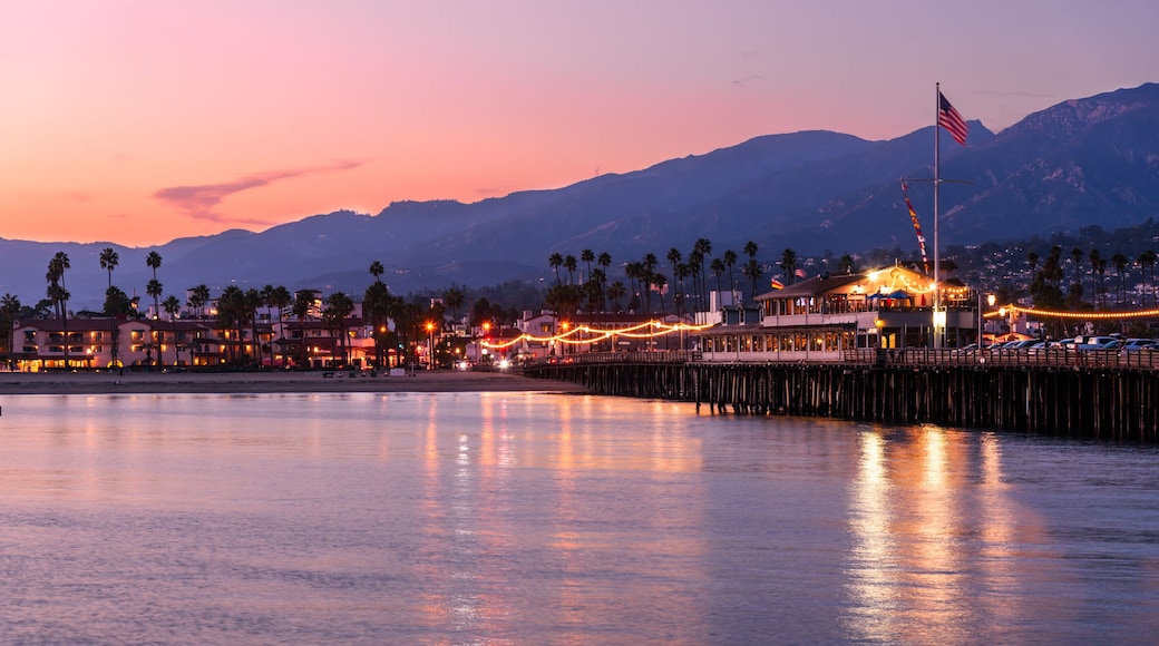 View of Stearns Wharf in Santa Barbara, California, at dusk in autumn