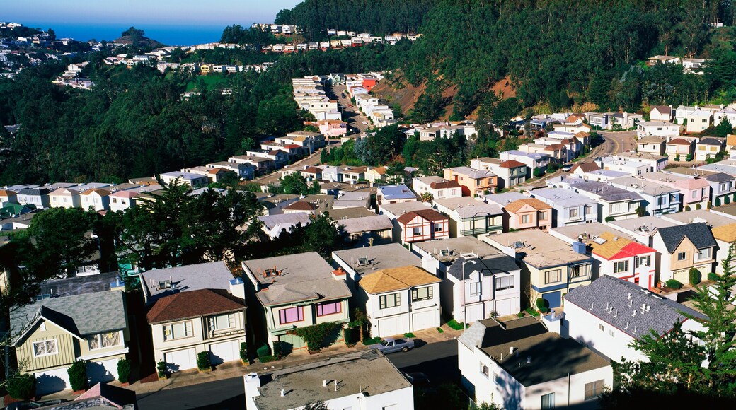 These are houses lined up in rows. They form a pattern and show urban congestion in housing. This is the view from Twin Peaks Mountain. There are green trees interspersed between the houses.