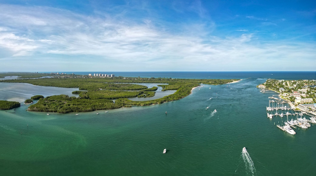 Panorama flying over the Fort Pierce Inlet on Treasure Coast of Florida in St. Lucie County