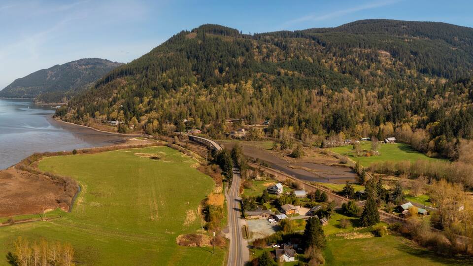 Un paysage côtier avec une voie ferrée, des maisons et une montagne boisée.