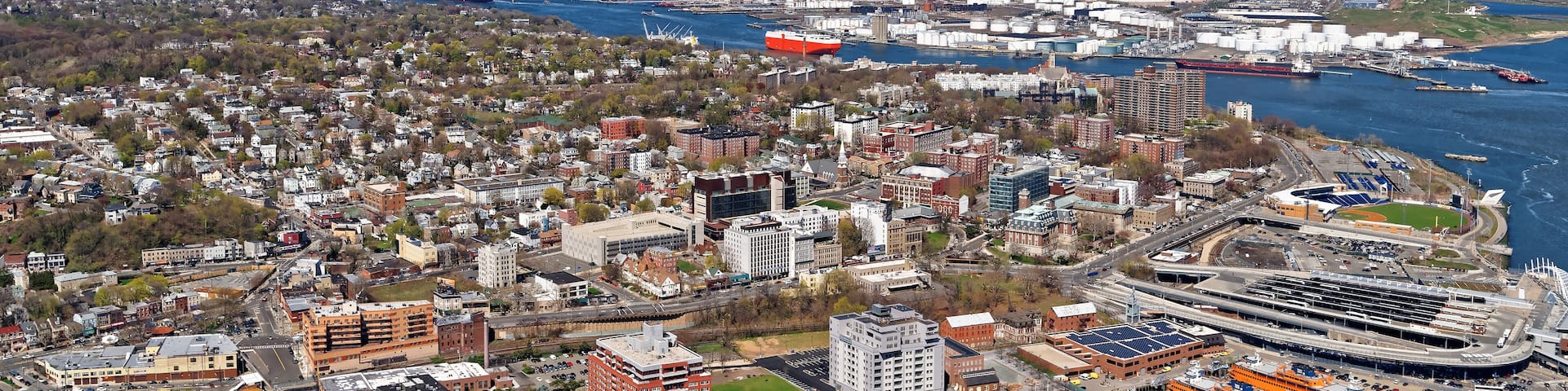 Aerial view of Port Newark and refinery in Bayonne, New Jersey