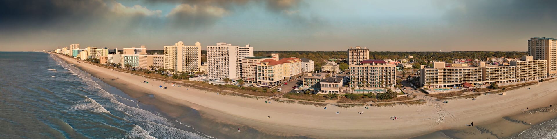 Panoramic aerial view of Myrtle Beach skylineon a sunny day from drone point of view, South Carolina
