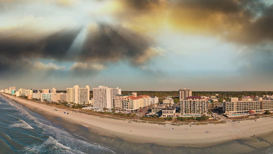 Panoramic aerial view of Myrtle Beach skylineon a sunny day from drone point of view, South Carolina