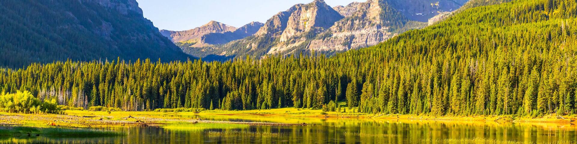 A calm lake reflecting mountains and dense forest.
