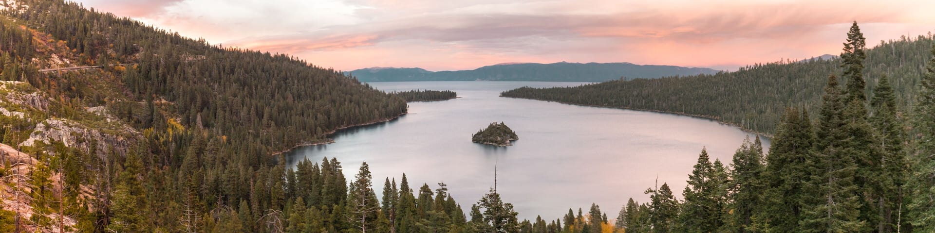 Panoramic sunset view over Fannette Island at Emerald Bay in Lake Tahoe