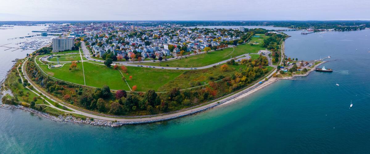 Aerial view of Portland East End, Fish Point, Munjoy Hill and Portland Harbor panorama in city of Portland, Maine ME, USA.