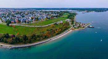 Aerial view of Portland East End, Fish Point, Munjoy Hill and Portland Harbor panorama in city of Portland, Maine ME, USA.