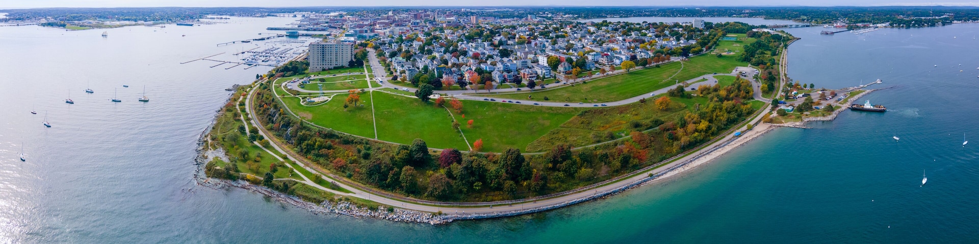 Aerial view of Portland East End, Fish Point, Munjoy Hill and Portland Harbor panorama in city of Portland, Maine ME, USA.