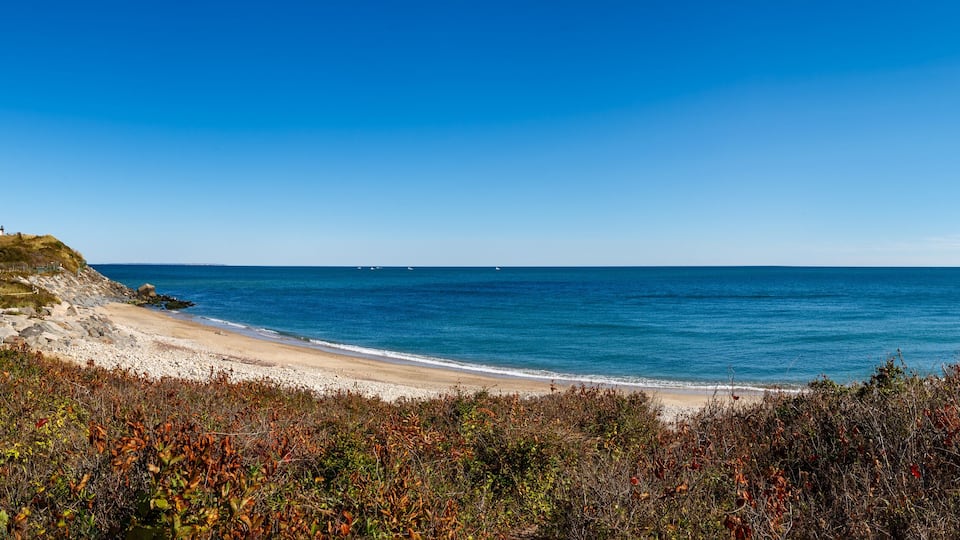 Panoramic view on Montauk Point State Park Lighthouse and the Atlantic Ocean. Long Island, New York State