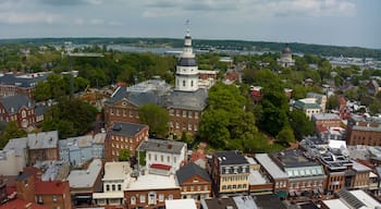 APRIL 27, 2023, ANNAPOLIS, MD., USA - aerial view of Annapolis State Capitol of Maryland with US Naval Academy in background on Chesepeake River