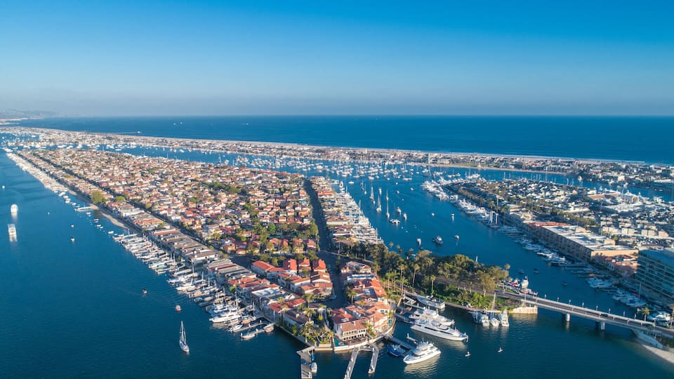 Aerial view of Lido Island in Newport Beach harbor in Orange County, California