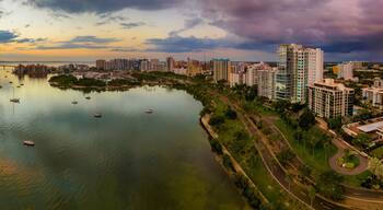 Sarasota Bayfront to Ringling Bridge panorama sunset aerial