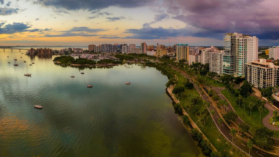 Sarasota Bayfront to Ringling Bridge panorama sunset aerial