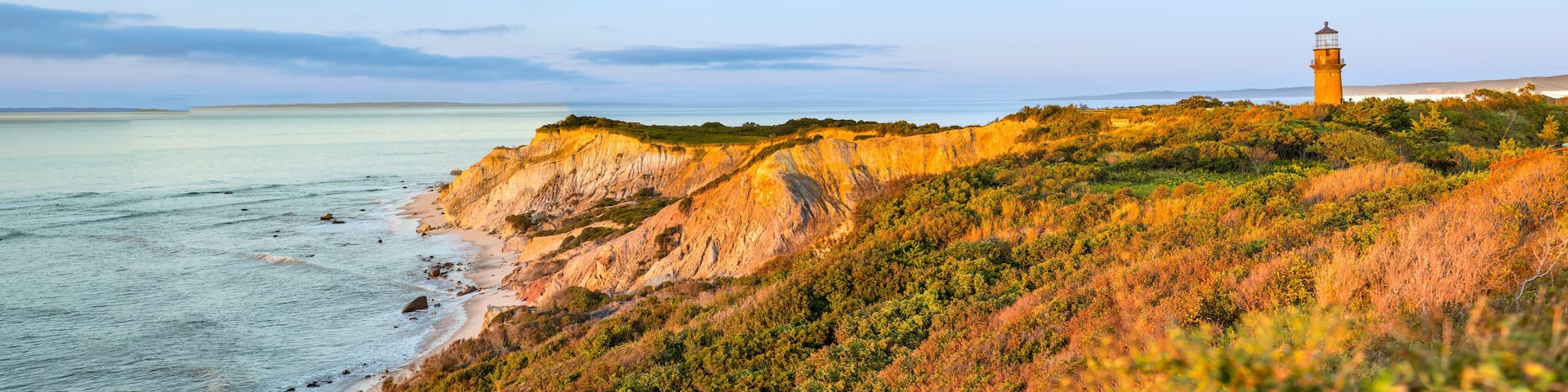 Gay Head Lighthouse and Gay Head cliffs of clay at the westernmost point of Martha's Vineyard in Aquinnah