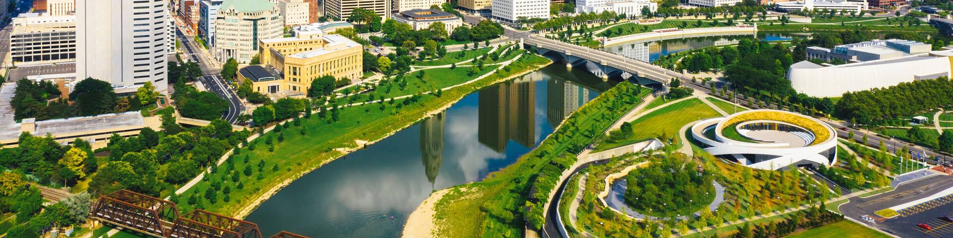 Aerial view of Downtown Columbus Ohio with Scioto river