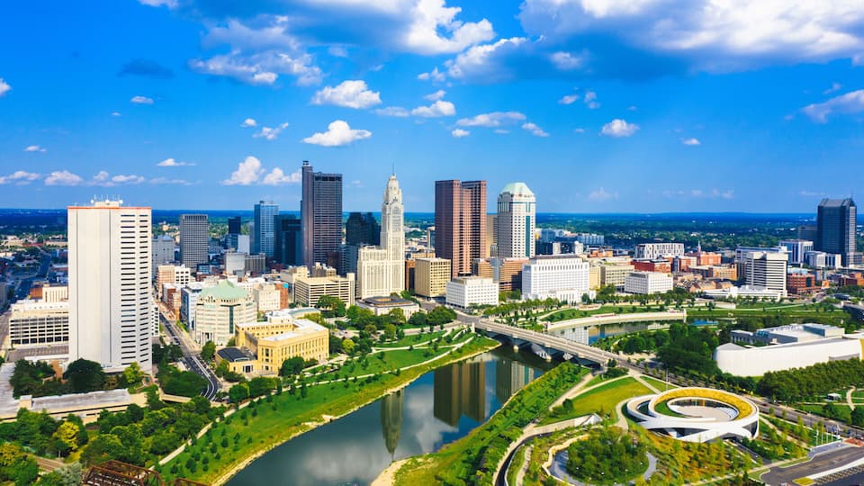 Aerial view of Downtown Columbus Ohio with Scioto river