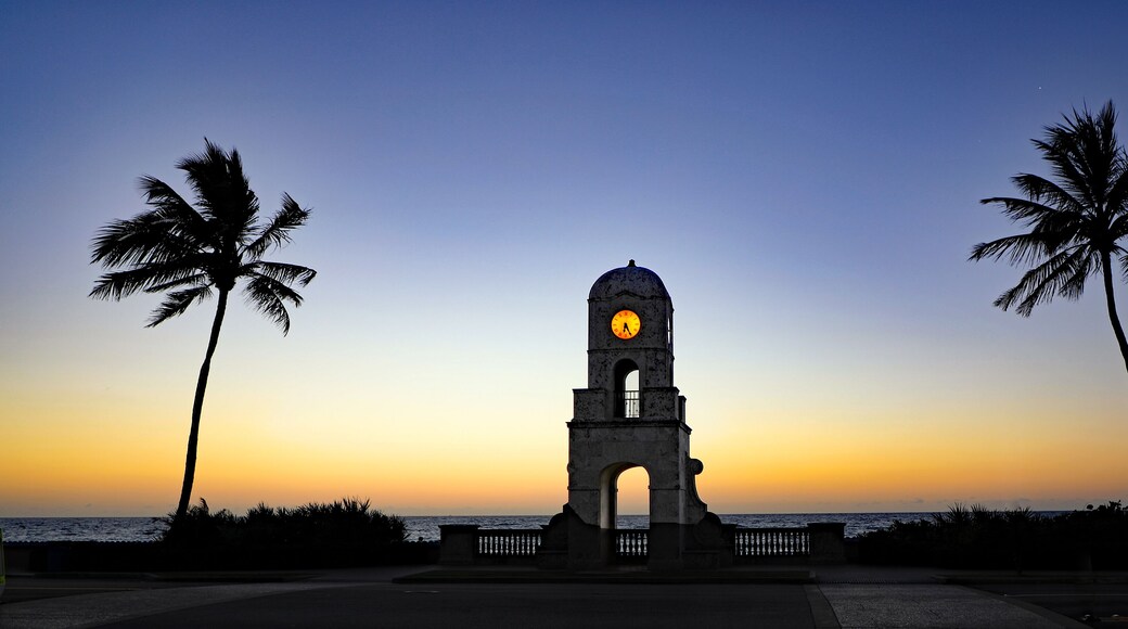 The Worth Avenue Clock Tower on Palm Beach, Florida at dawn, on the ocean.