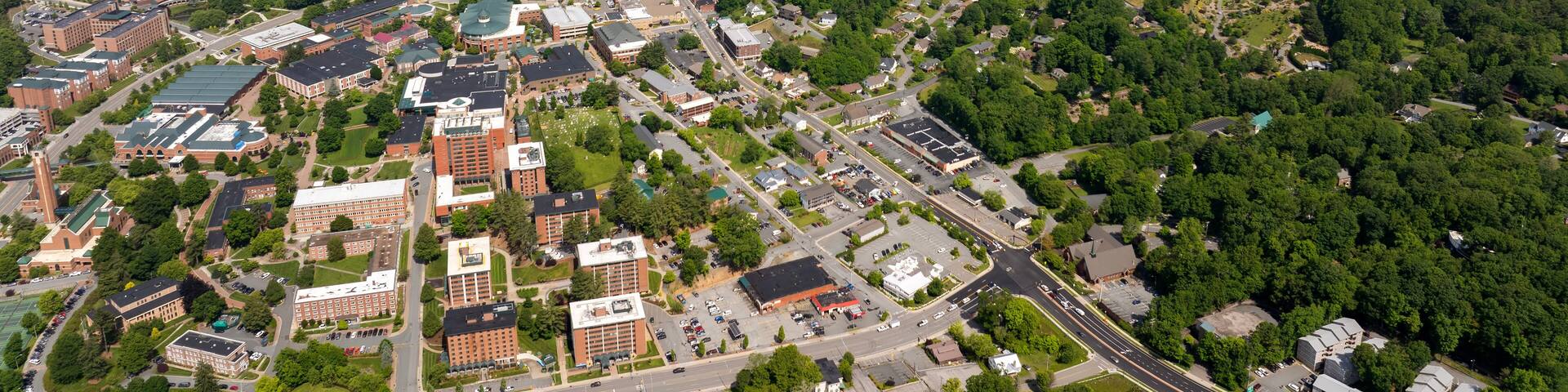 Aerial view of Boone, old historical town in North Carolina Blue Ridge Mountains. Beautiful historic American architecture