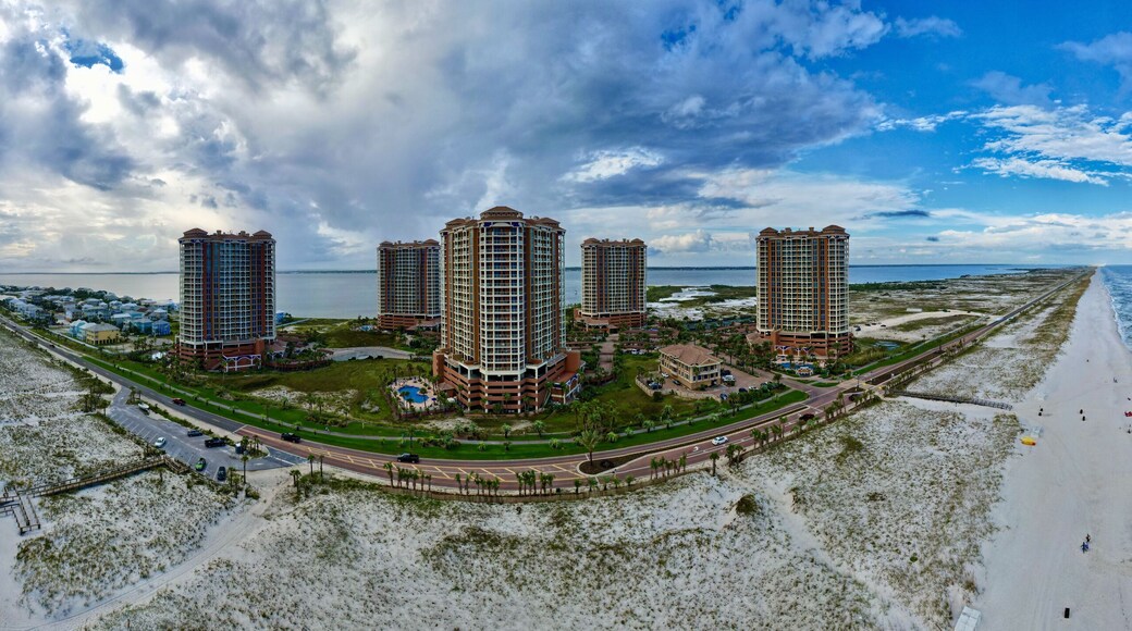 Panoramic aerial view of the beautiful beach and the buildings in Pensacola Beach, Florida, US