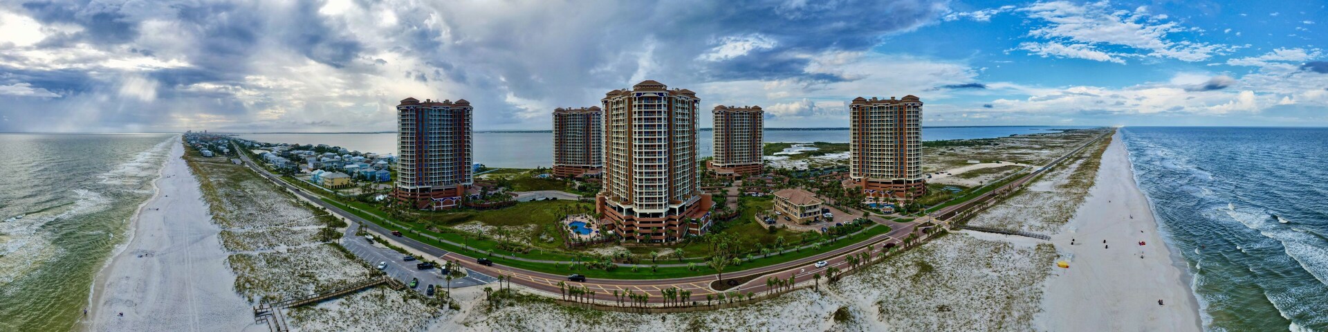 Panoramic aerial view of the beautiful beach and the buildings in Pensacola Beach, Florida, US