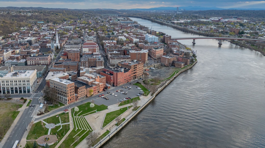 Late afternoon spring aerial view of downtown Troy, NY located on the Hudson River.