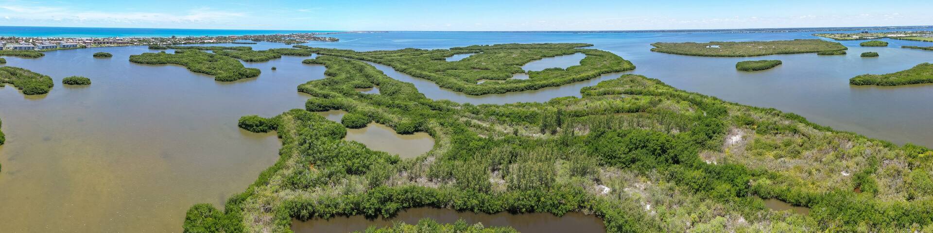 Panoramic view of Thousand Islands Conservation Area in the Indian River Lagoon in Cocoa Beach, Brevard County, Florida.