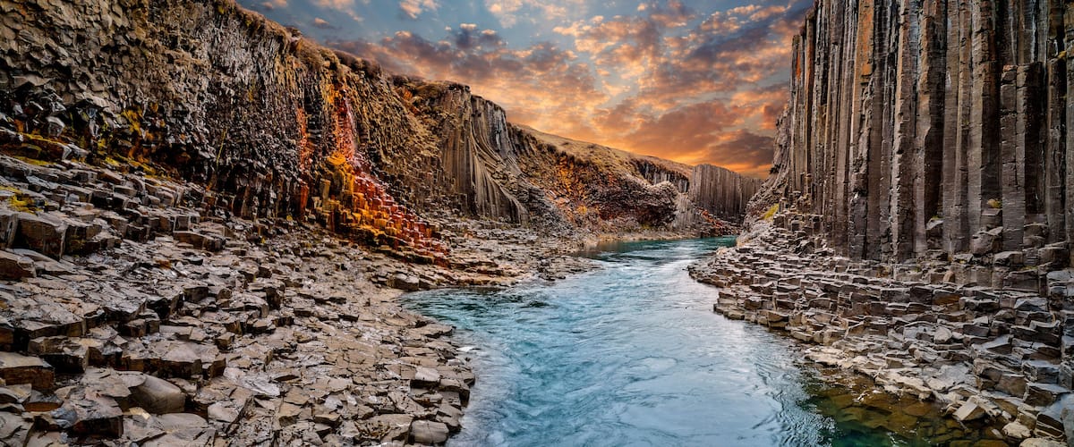 Breathtaking view of Studlagil basalt canyon, Iceland, Europe.